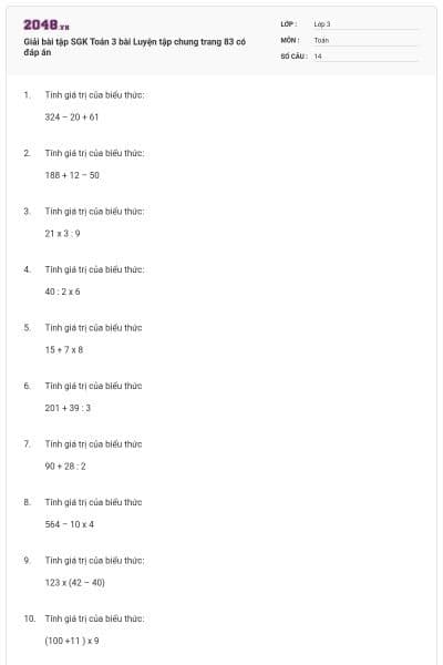 Giải bài tập SGK Toán 3 bài Luyện tập chung trang 83 có đáp án