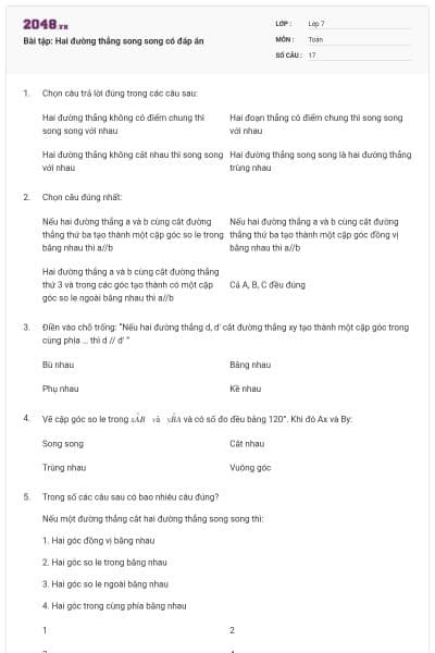 Bài tập: Hai đường thẳng song song có đáp án