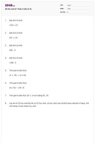 Đề thi cuối kì I Toán 4 (đề số 3)