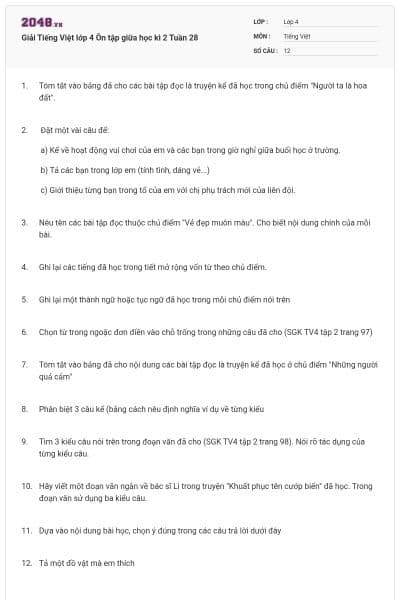 Giải Tiếng Việt lớp 4 Ôn tập giữa học kì 2 Tuần 28