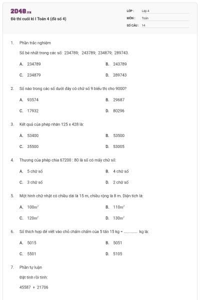 Đề thi cuối kì I Toán 4 (đề số 4)