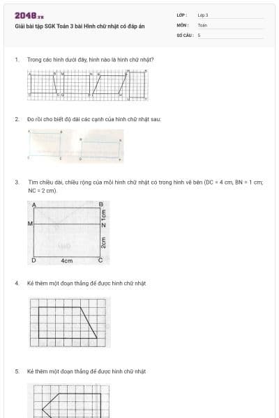 Giải bài tập SGK Toán 3 bài Hình chữ nhật có đáp án