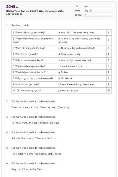 Bài tập Tiếng Anh lớp 5 Unit 9: What did you see at the zoo? có đáp án