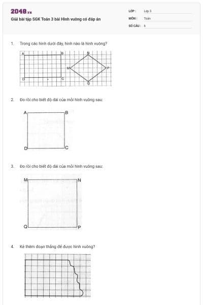 Giải bài tập SGK Toán 3 bài Hình vuông có đáp án