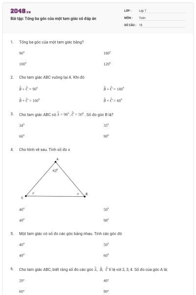 Bài tập: Tổng ba góc của một tam giác có đáp án