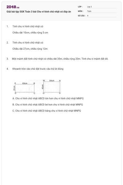 Giải bài tập SGK Toán 3 bài Chu vi hình chữ nhật có đáp án