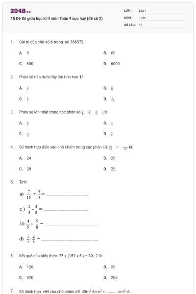 15 Đề thi giữa học kì II môn Toán 4 cực hay (đề số 2)