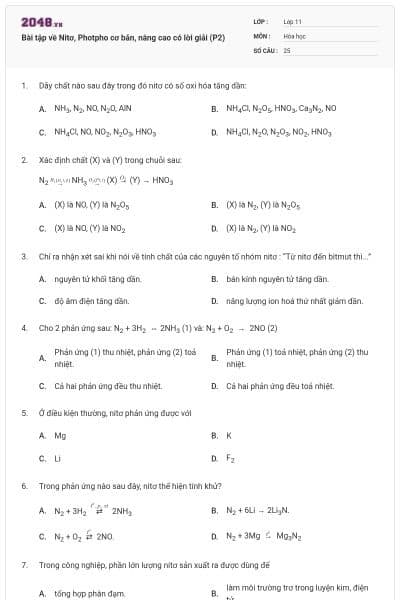 Bài tập về Nitơ, Photpho cơ bản, nâng cao có lời giải (P2)