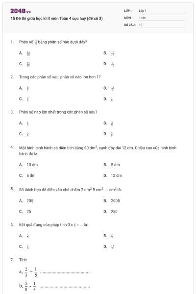 15 Đề thi giữa học kì II môn Toán 4 cực hay (đề số 3)