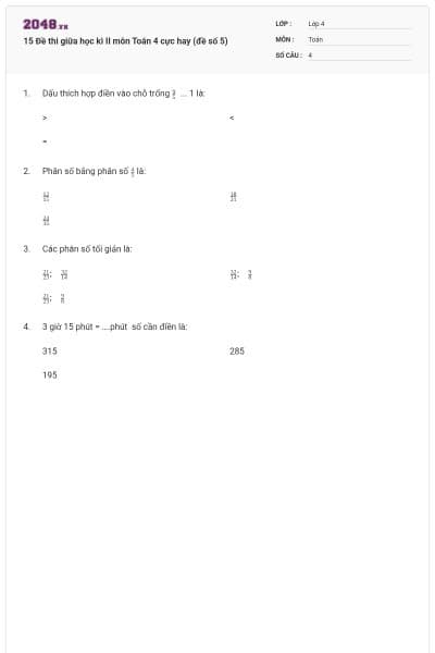 15 Đề thi giữa học kì II môn Toán 4 cực hay (đề số 5)