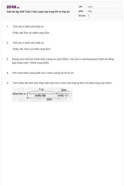 Giải bài tập SGK Toán 3 bài Luyện tập trang 89 có đáp án