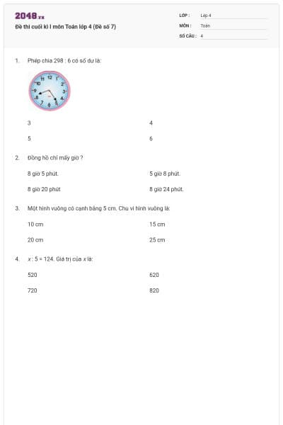 Đề thi cuối kì I môn Toán lớp 4 (Đề số 7)