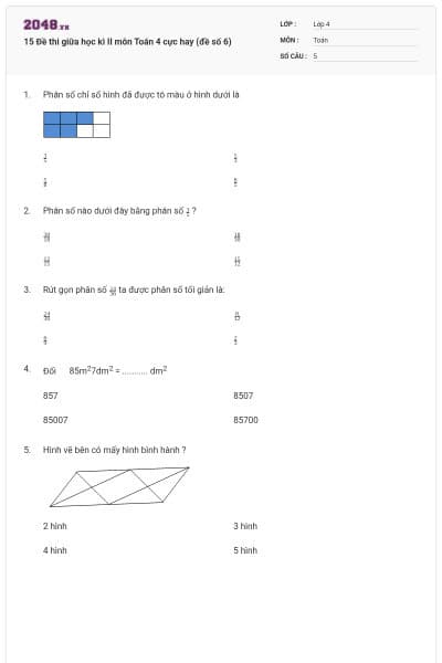 15 Đề thi giữa học kì II môn Toán 4 cực hay (đề số 6)