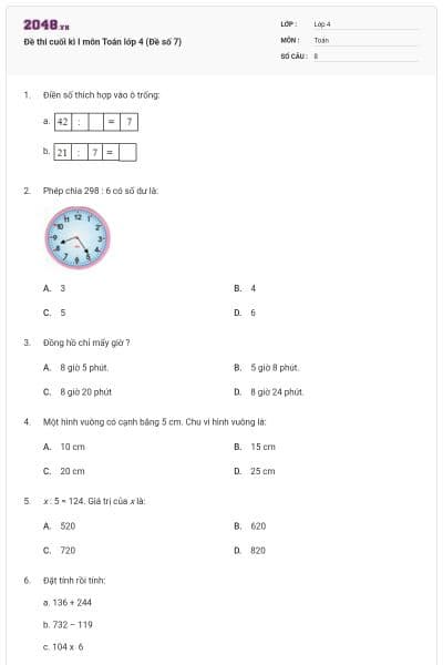 Đề thi cuối kì I môn Toán lớp 4 (Đề số 7)