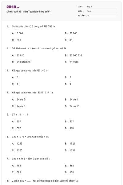 Đề thi cuối kì I môn Toán lớp 4 (Đề số 8)