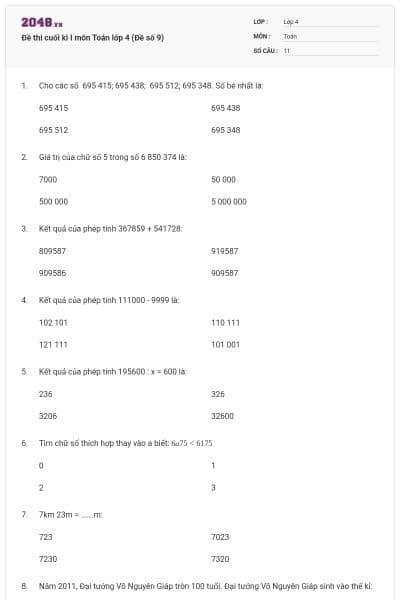 Đề thi cuối kì I môn Toán lớp 4 (Đề số 9)