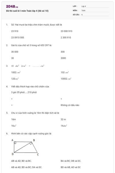 Đề thi cuối kì I môn Toán lớp 4 (Đề số 10)