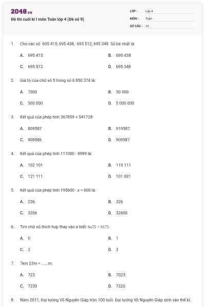 Đề thi cuối kì I môn Toán lớp 4 (Đề số 9)