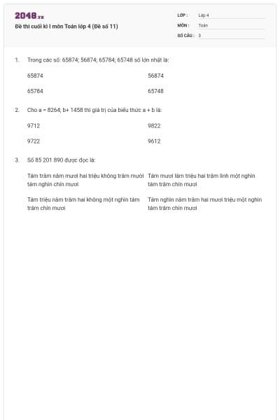 Đề thi cuối kì I môn Toán lớp 4 (Đề số 11)