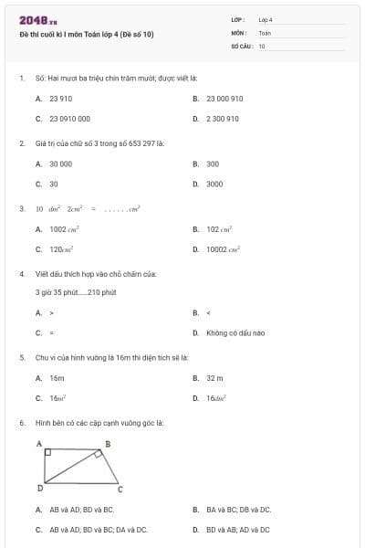 Đề thi cuối kì I môn Toán lớp 4 (Đề số 10)