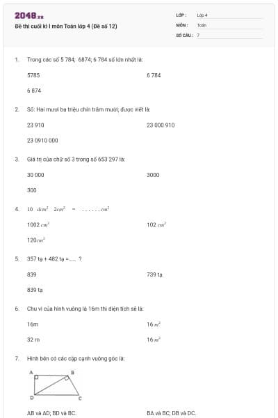 Đề thi cuối kì I môn Toán lớp 4 (Đề số 12)