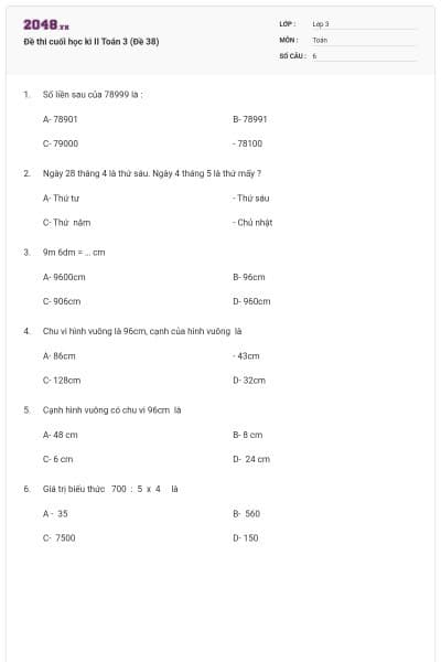 Đề thi cuối học kì II Toán 3 (Đề 38)