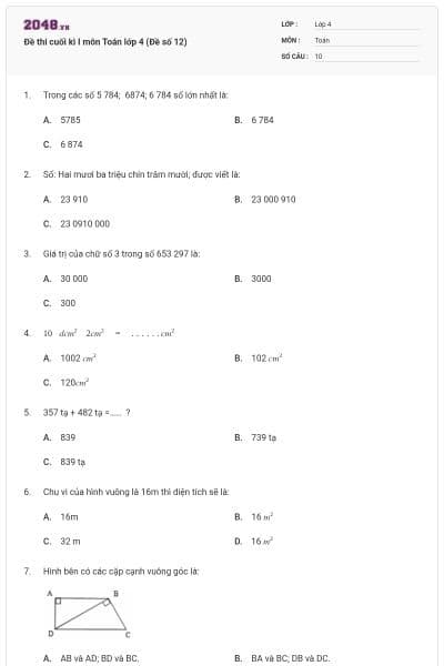 Đề thi cuối kì I môn Toán lớp 4 (Đề số 12)