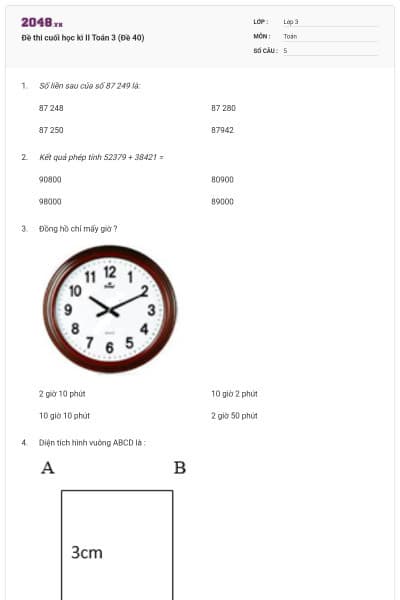 Đề thi cuối học kì II Toán 3 (Đề 40)