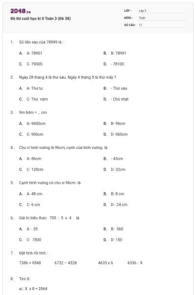 Đề thi cuối học kì II Toán 3 (Đề 38)