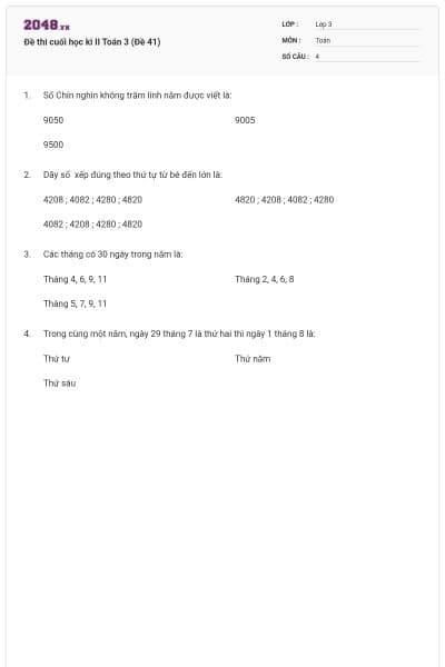 Đề thi cuối học kì II Toán 3 (Đề 41)