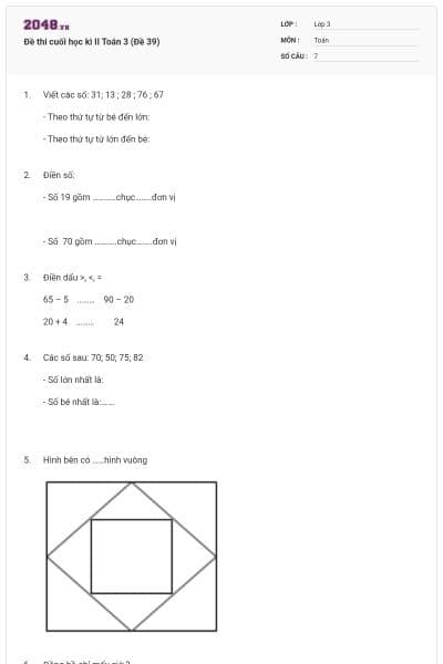 Đề thi cuối học kì II Toán 3 (Đề 39)