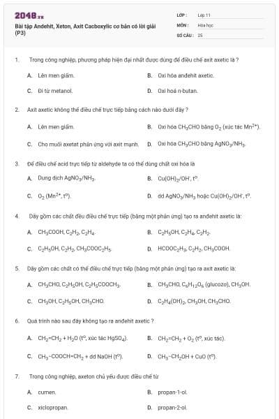 Bài tập Andehit, Xeton, Axit Cacboxylic cơ bản có lời giải (P3)