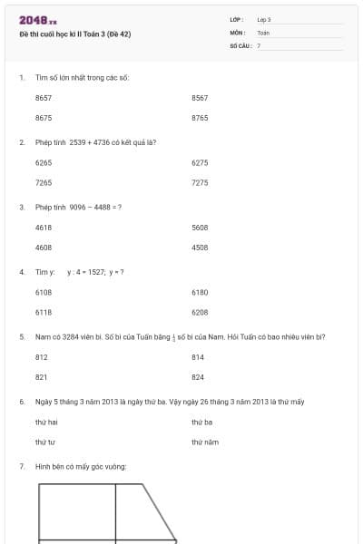 Đề thi cuối học kì II Toán 3 (Đề 42)