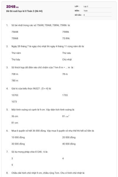 Đề thi cuối học kì II Toán 3 (Đề 44)