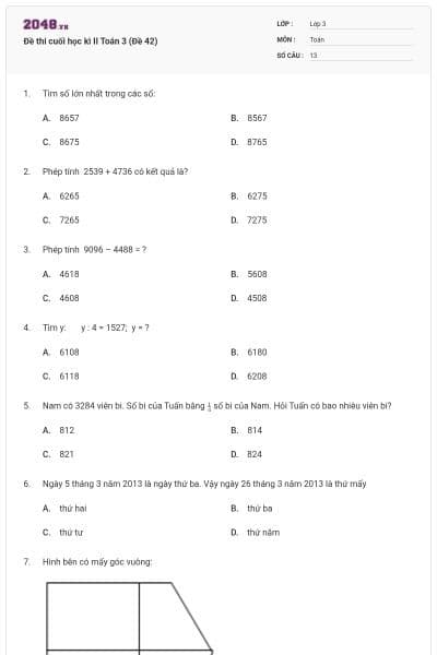 Đề thi cuối học kì II Toán 3 (Đề 42)