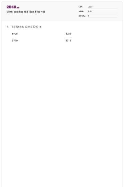 Đề thi cuối học kì II Toán 3 (Đề 45)