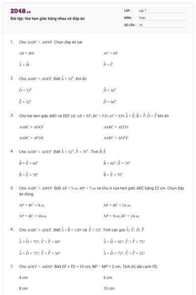 Bài tập: Hai tam giác bằng nhau có đáp án