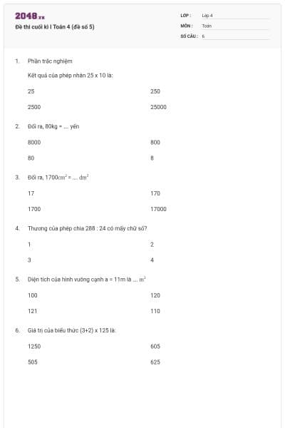 Đề thi cuối kì I Toán 4 (đề số 5)