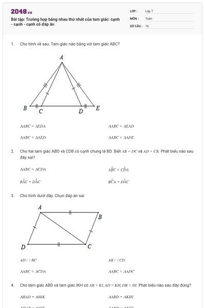 Bài tập: Trường hợp bằng nhau thứ nhất của tam giác: cạnh - cạnh - cạnh có đáp án