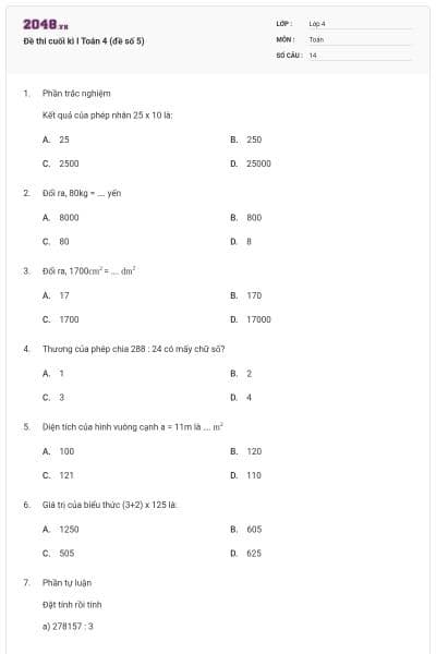 Đề thi cuối kì I Toán 4 (đề số 5)