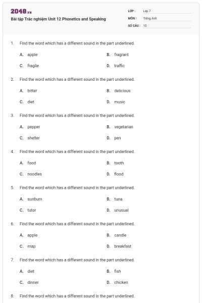 Bài tập Trắc nghiệm Unit 12 Phonetics and Speaking