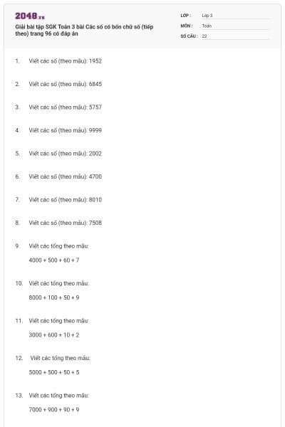 Giải bài tập SGK Toán 3 bài Các số có bốn chữ số (tiếp theo) trang 96 có đáp án
