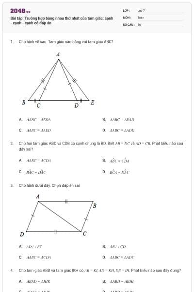 Bài tập: Trường hợp bằng nhau thứ nhất của tam giác: cạnh - cạnh - cạnh có đáp án