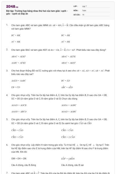 Bài tập: Trường hợp bằng nhau thứ hai của tam giác: cạnh - góc - cạnh có đáp án