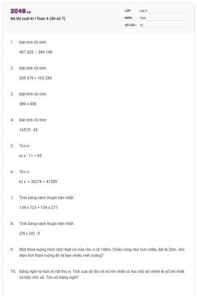 Đề thi cuối kì I Toán 4 (đề số 7)