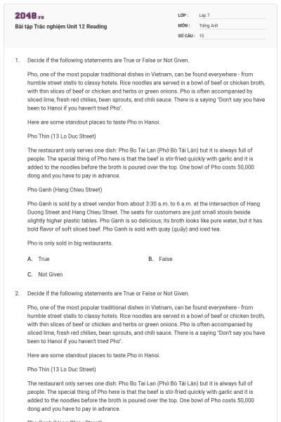 Bài tập Trắc nghiệm Unit 12 Reading