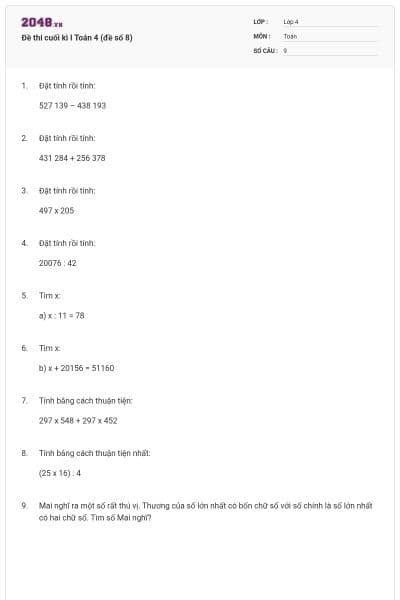 Đề thi cuối kì I Toán 4 (đề số 8)