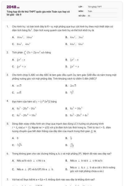 Tổng hợp đề thi thử THPT quốc gia môn Toán cực hay có lời giải - Đề 9