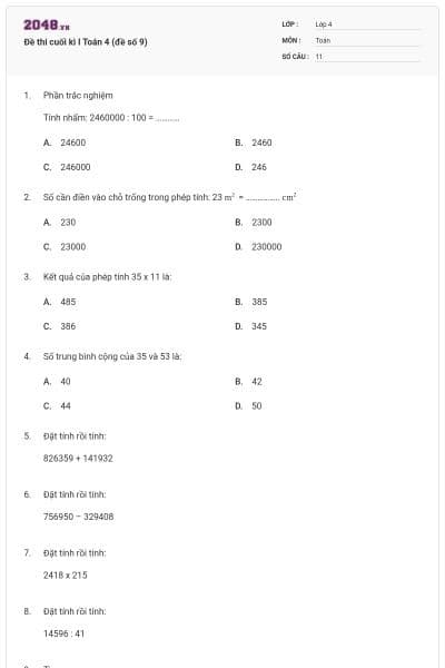 Đề thi cuối kì I Toán 4 (đề số 9)