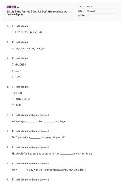 Bài tập Tiếng Anh lớp 5 Unit 12: Don't ride your bike too fast! có đáp án